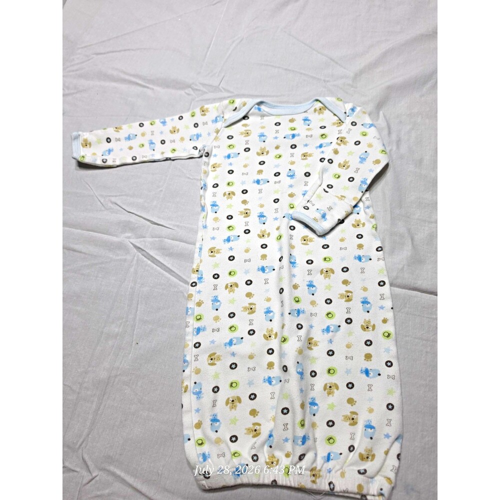 First Moments 0-3 Months White Animal Print Long Sleeve Cotton Gown One-Piece
